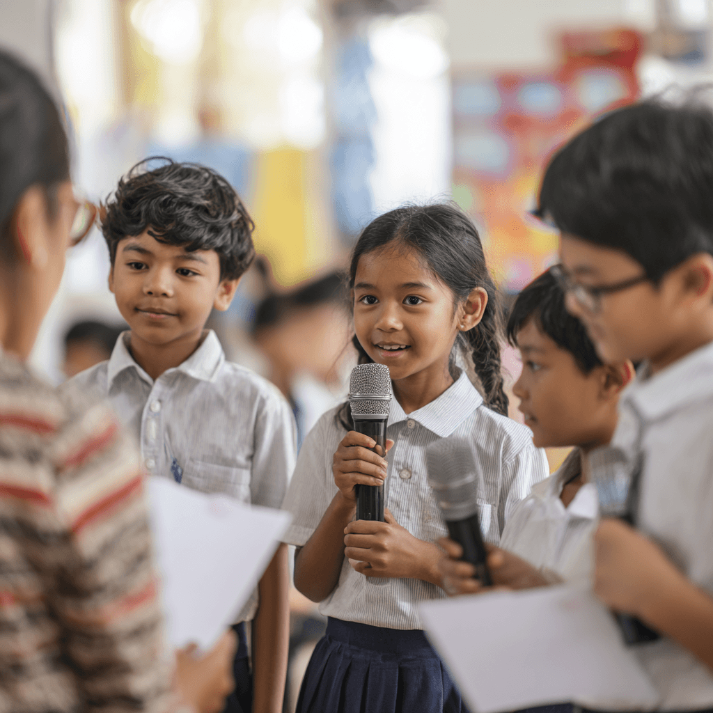 Young student confidently speaking during a Speakaso session